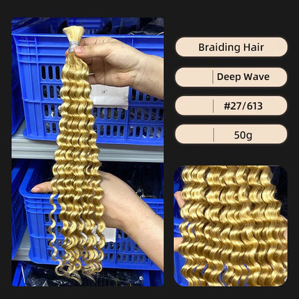 Human Braiding Hair for Boho Braids 50g/Pack Highlight Deep Wave Bulk Human Hair 4/27 Ombre Knotless Braiding Hair Extensions