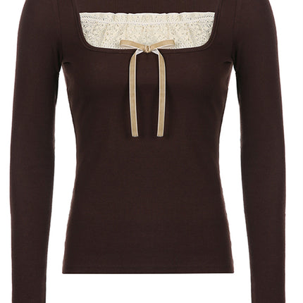 Y2K Women's Long Sleeve Knitted Tops Lace Stitching Neckline Knitwear Bowknot Decoration Slim-Fit T-Shirt Pullovers Clubwear
