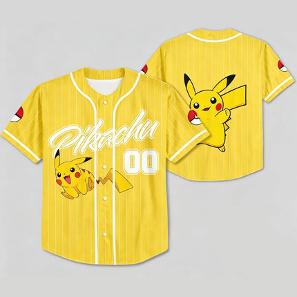 2026 Summer Pikachu Retro Cosplay Baseball Jersey Men's Oversized 3d Printed Short-Sleeved Family Unisex Children's Sports Shirt