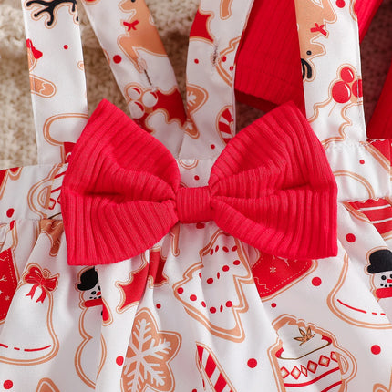 Baby girl cute Christmas costume round neck ruffled long sleeved jumpsuit and suspender jumpsuit, red bow socks and bow headband