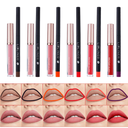 12 pieces of matte liquid lipstick+lipliner set, pigment velvet nude color waterproof long-lasting lip gloss makeup gift set