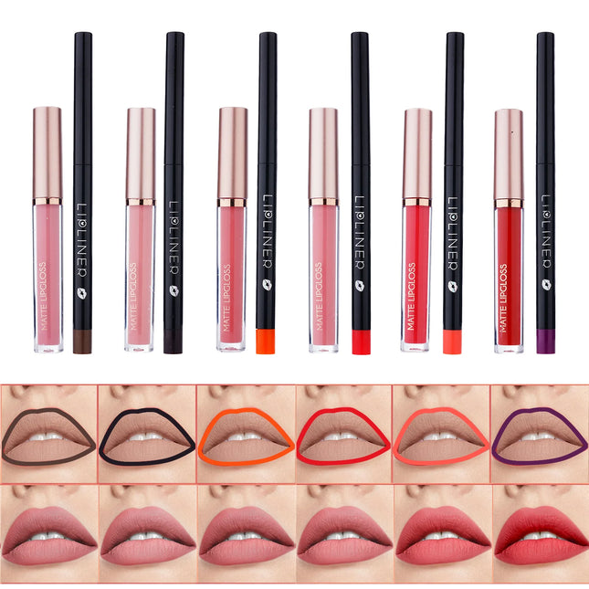 12 pieces of matte liquid lipstick+lipliner set, pigment velvet nude color waterproof long-lasting lip gloss makeup gift set