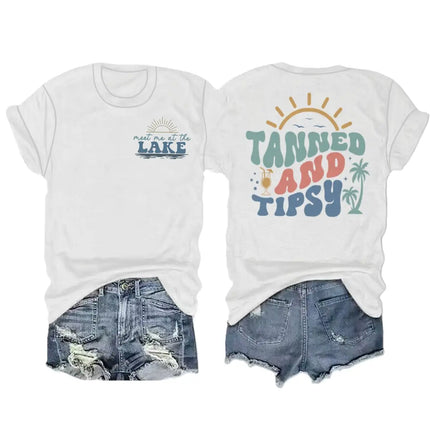 Summer Beach Series T-shirts For Women Men "Tanned And Tipsy" Vacation Trip Tshirt Crewneck Short Sleeve Casual Camisetas Mujer