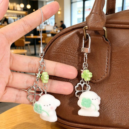 1/2pcs Cute Clover Hug Dog Pendant Keychain Lanyard Flocking Puppy Mobile Phone Straps Pendant Keyring Schoolbag Decorative