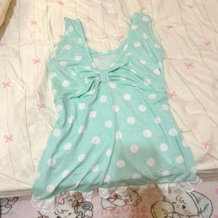 Mint Polka Dot V-Neck Strap Top Vintage Early Summer Cool Sweet Slim Fit Women's Outerwear Casual Summer Top