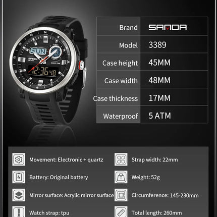 SANDA Fashion Brand Sport Electronics Watches for Men Outdoors Analog Digital Man Watch Luminous Waterproof Backlight Wristwatch