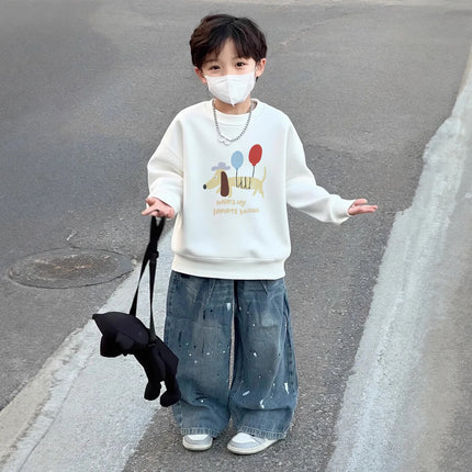 Boy Round Neck Sweatshirt Girls Fashion Cartoon Dog Printed Top Winter Children Plush Keep Warm Pullover