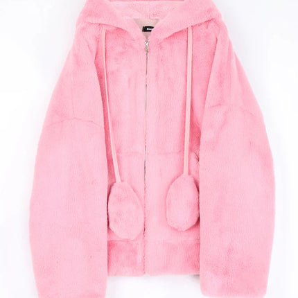Nerazzurri Spring fluffy jacket with rabbit ears raglan sleeve zipper Oversize light soft harajuku kawaii faux fur hoodie 2021