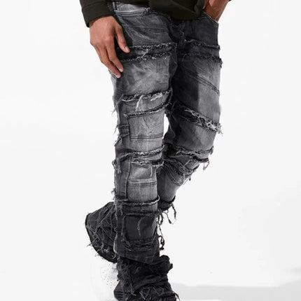 New Stacked Jeans Men Patchworks Spliced Denim Ripped Wash Frayed Pants Male's Streetwear