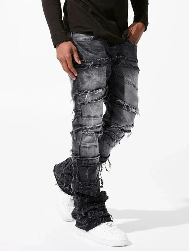 New Stacked Jeans Men Patchworks Spliced Denim Ripped Wash Frayed Pants Male's Streetwear