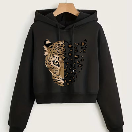 Fashion Leopard Tiger Print Autumn Winter Cropped Sweatshirt Crop Top Hoodie Y2k Sweatshirts Gothic Casual Style Clothes