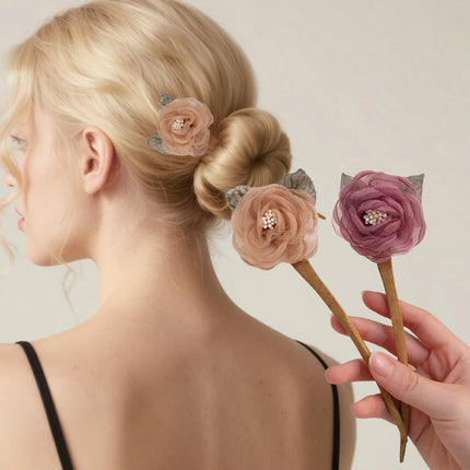 New Rose Hair Stick Bun Flower for Women Girls Elegant Wooden Hair Fork Chinese Style Fashion Hairpin Hair Accessories Headwear