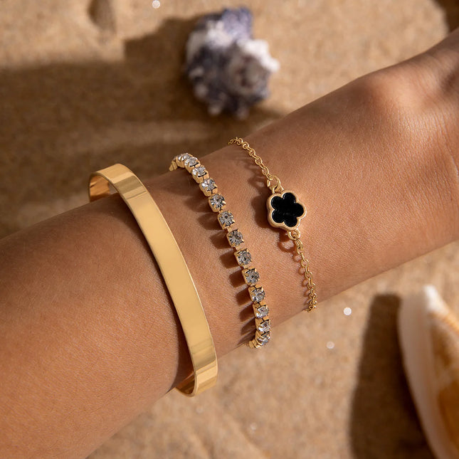 3Pcs/ Set Bohemia Minimalism Metal Rhinestone Chain Bracelet Set for Women Metal Bangle Gold Color Jewelry Gifts