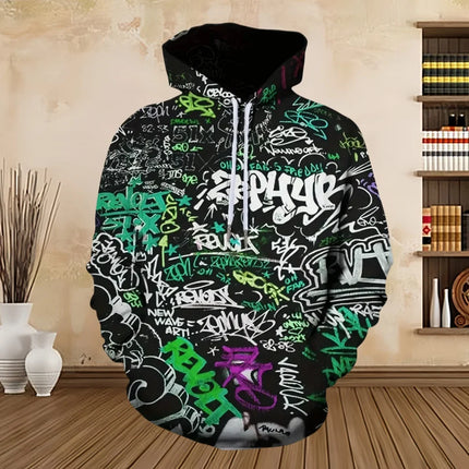 Men's Painted Graffiti Flow Printed Hoodie Casual Trendy Long Sleeve Sports Top Street Men's Colorful Pattern Hoodie Sweatshirt