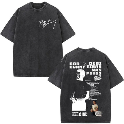Rapper Bad Bunny Album Cover Print T-shirt Debi Tirar Mas Fotos DTMF Washed Vintage T Shirt Men Women Hip Hop Oversized T-shirts
