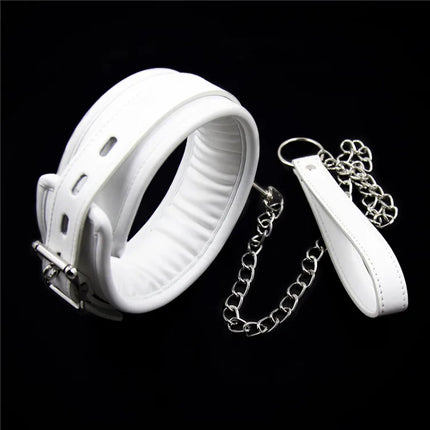 Soft Padded White BDSM Bondage Restraint Wrist Handcuffs Neck Collar Ankle Cuffs with Chain Slave Erotic Flirting Adult Sex Toys