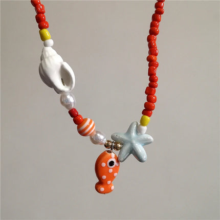Cute Orange Ceramic Fish Starfish Pendant Beaded Choker Necklace For Women Seaside Vacation Bohemian Harajuku Charm Accessories