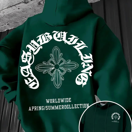 Gothic Letter Cross Pattern Men's Hoodie with Vintage Print, Loose Fit, Suitable for Autumn Winter with A Hooded Pullover Design