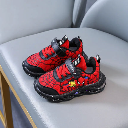 LED Casual Sneakers Red Black For Spring Boys Mesh Outdoor Spider-Man Shoes Children Lighted Non-slip Shoes Size 21-30