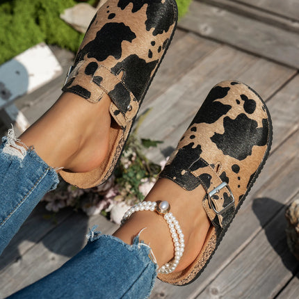 2025 New Women's Casual Autumn and Winter All-Season Outdoor Activities Animal Print Leopard Print Cow Print New Mules Slip-On Slippers Outdoor Flat Beach Shoes Trendy Fashion Animal Print Cow Print Leopard Print Cork Sole Sa