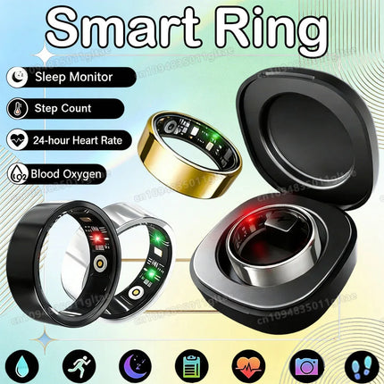 New R09 Smart Ring Men Women with Charging Case,Heart Rate Blood Oxygen,Skin Temperature Monitor,5ATM Waterproof For Android