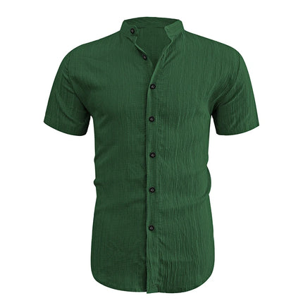 2026 New Men Vertical Wrinkle Textured Mandarin Collar Short Sleeve Button Shirt Loose Fit Summer Beach Travel Daily Casual Top