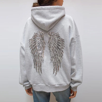 Casual Sequin Wings Hooded Sweatshirt Pant Set Women Solid Loose Full Sleeve Pullover Suit 2026 Spring Autumn Lady Daily Outfit