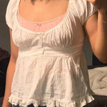 Xingqing Ruffle Top Buttons Y2K Kawaii Women Crop Tops Cute E-girl Short Sleeve T-shirt Sweet Fairy Core Clothes Summer 2024 Vest