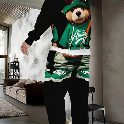 The new men's round-neck sweatshirt set for Spring and Autumn 2025 is a casual soft and comfortable 3D bear pattern print