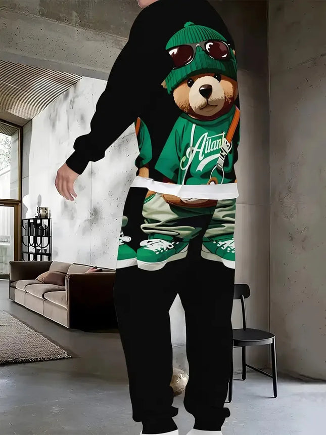 The new men's round-neck sweatshirt set for Spring and Autumn 2025 is a casual soft and comfortable 3D bear pattern print