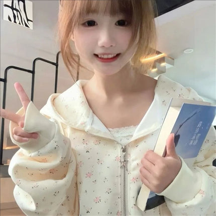 2025 New Sweet Floral Prints Zipper Hooded Hoodie Spring And Autumn Dressing Up Collection Casual Fashion Trends Versatile