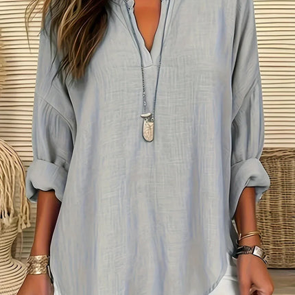 Plus Size 1XL-5XL Women Casual Solid Color Blouse Ladies Fashion Loose Tops V-neck Blouse Long Sleeve Shirt