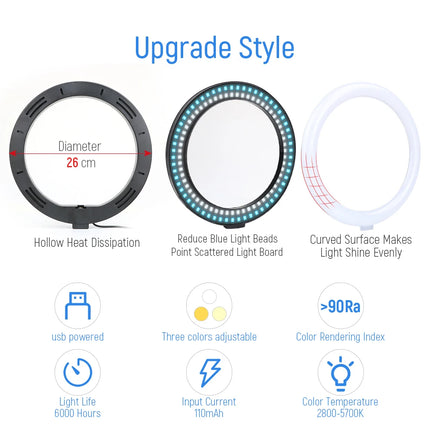 26cm 10inch Led Selfie Ring Light Round Ring Lamp with Phone Holder Photography Fill Lighting with Tripod for Youtube Live Video