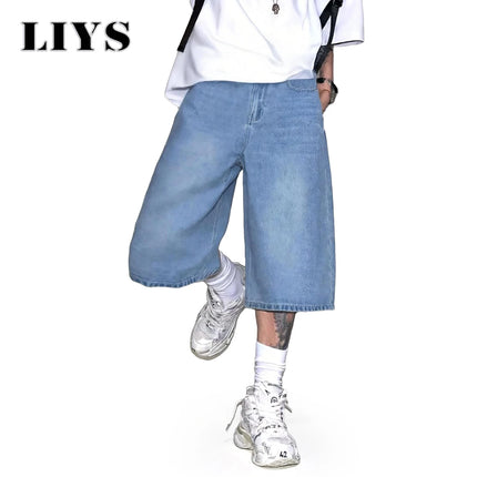 LIYS Men's Simple Light Blue Retro Ultra Baggy Wide-Leg Denim Shorts Student Youth Street Casual Oversized Baggy Jeans Unisex