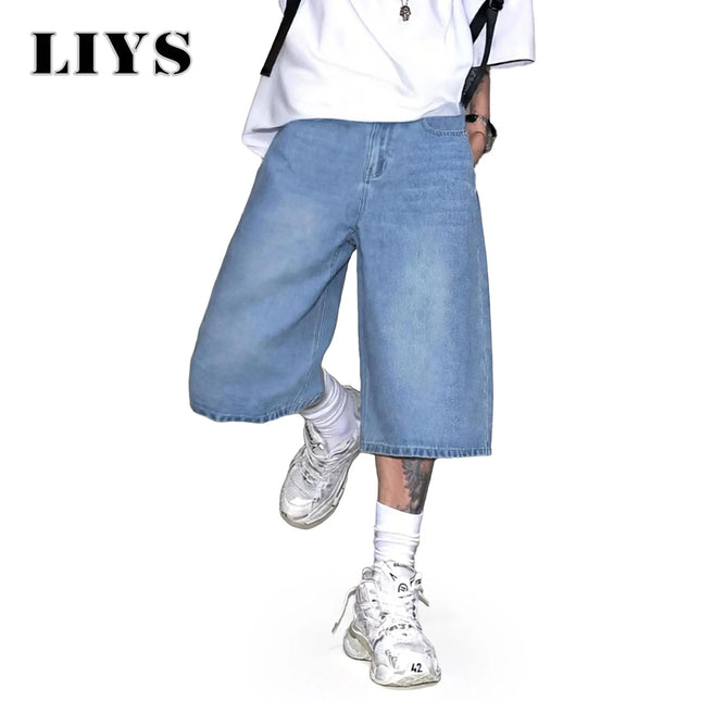 LIYS Men's Simple Light Blue Retro Ultra Baggy Wide-Leg Denim Shorts Student Youth Street Casual Oversized Baggy Jeans Unisex