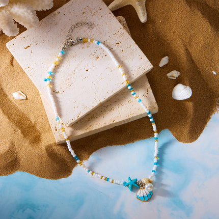 Bohemian Mixed Color Rice Beads Necklace for Women Sea Shell Conch Starfish Pendant Beaded Clavicle Choker Beach Party Jewelry
