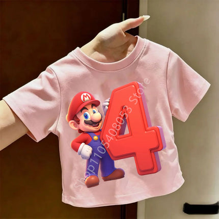 2026 New Super Mario Bros Children's Pure T-shirts Anime Birthday Numbers 1-9, Cute Anime Children's Casual T-shirts