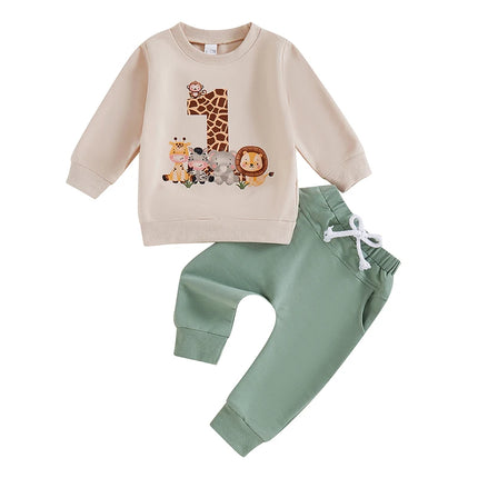 Baby Boy First Birthday Outfit Animal Print Long Sleeve Sweatshirt Elastic Waist Pants 2 Piece Set for Fall