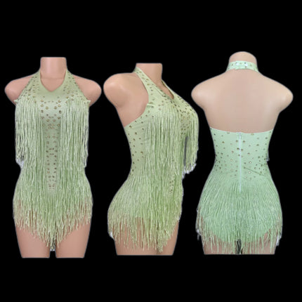 Sparkly Rhinestones Fringe Bodysuit Women Nightclub Party Dance Costume Stage Wear Sexy Tassel Leotard Performance Clothing 7G