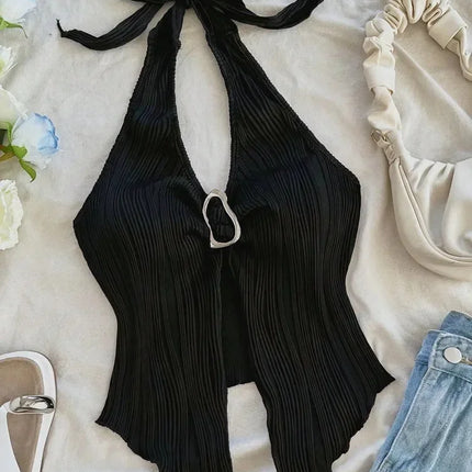 Sexy V-neck Halter Neck Crop Top for Women Summer Sleeveless Solid Split Backless Top Y2K Clothes