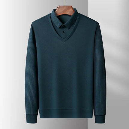 Men's Casual Fashion Long Sleeve Solid Color Polo Shirt 2025 Business Versatile Top All Season Fake Two-Piece