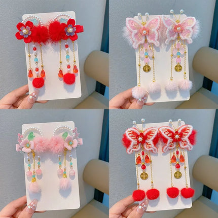 New Year Chinese-Style Hair Accessories Collection,Butterfly/Flower/Fan Designs with Fur Balls,Festive Clips for New Year Outfit