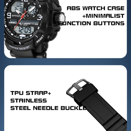 SANDA 6130 Dual Display Men Watches Waterproof Sport Watch Military Man Alarm Stopwatch Quartz Wristwatch Men LED Digital Clock