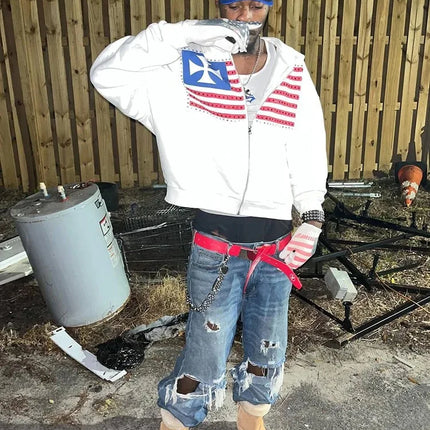 Autumn new national flag minimalist design color collision pattern men hooded sweatshirt Harajuku Y2k loose zipper sweatshirt