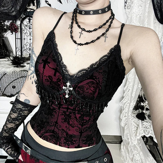 Vintage Mall Gothic Flocking Camisole Women Aesthetic Fairycore Grunge Y2k E-girl Lace Patchwork Beading Crop Tank Tops