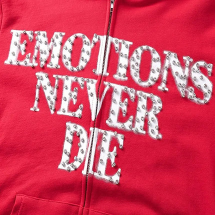 Mixed Emotion Zipper Hoodie Thin Pure Cotton Print Diamond Pattern Casual Streetwear Sweatshirt Red