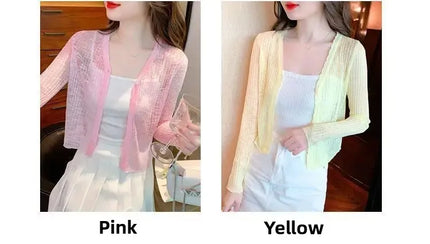 Slim Fit Knitted Long Sleeve Short Cardigan Women's Summer New Style Korean Version Thin Outerwear Pure Color Sun Protection Shi