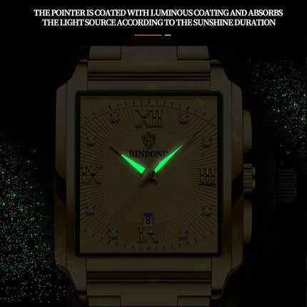 BINBOND Luxury Quartz Watch for Men Golden Square Large Dial 30M Waterproof Leather Strap Wrist Watches Date Display Men's Watch