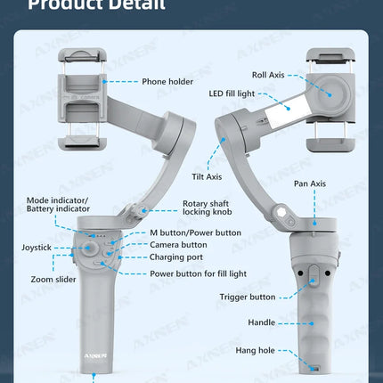 AXNEN Smart 3-Axis Handheld Gimbal Stabilizer for Smartphone with Fill Light for iPhone Android Face Tracking Tiktok Vlog Kit