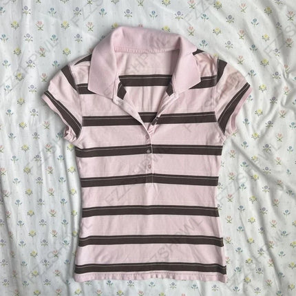Gothic Harajuku Y2K Women's Crop Top Casual Slim Fit Striped Lace Bow Button Design Short Sleeve T-Shirt Chic Trendy Streetwear